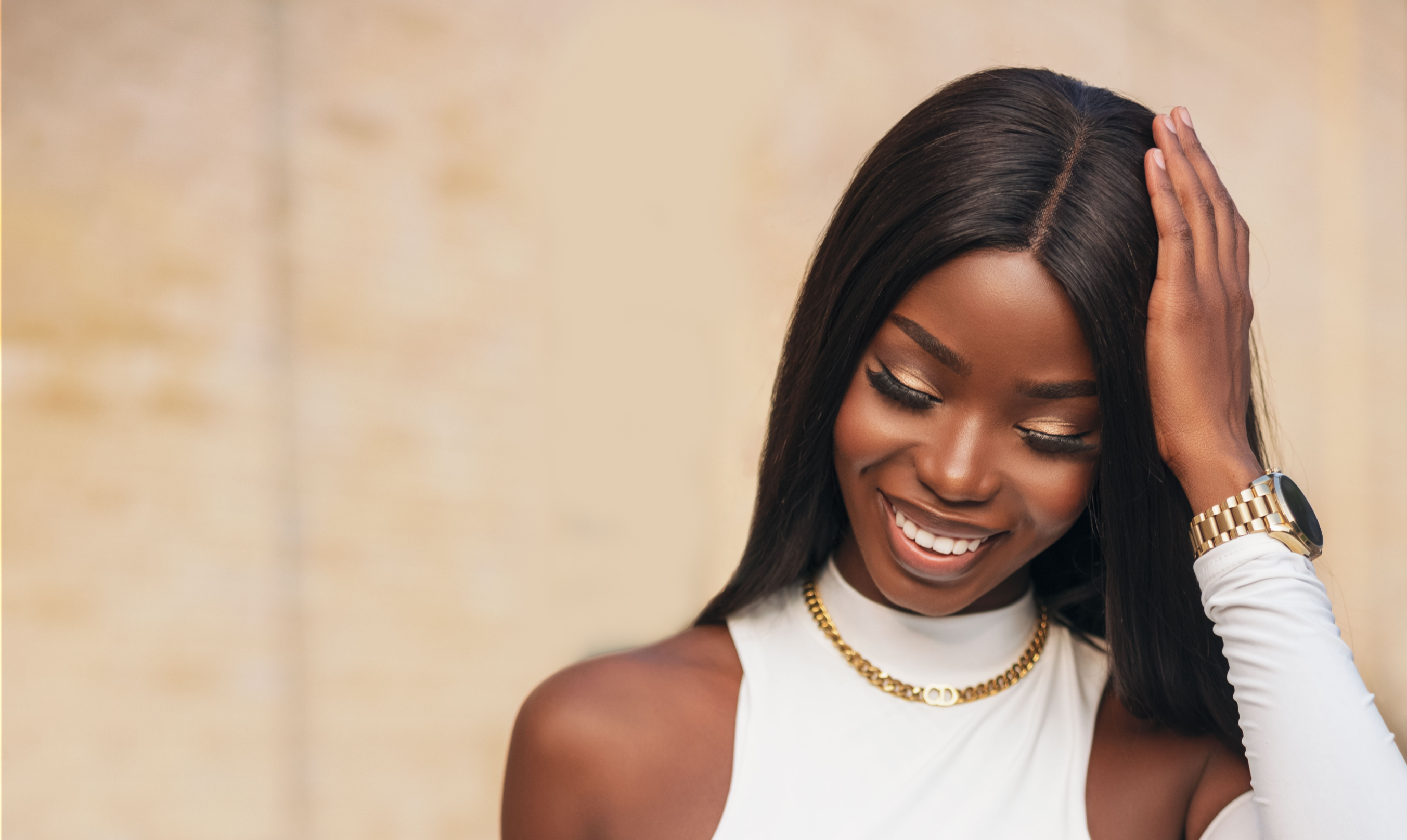 Classy woman with black straight hair